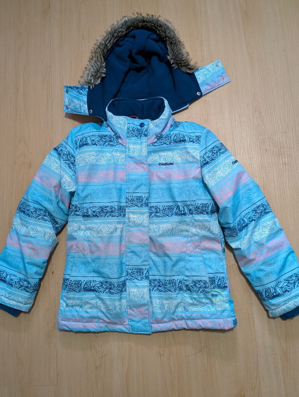 OshKosh B'gosh Girls' Winter Jacket Size 10 Light Blue Striped Faux Fur Hood